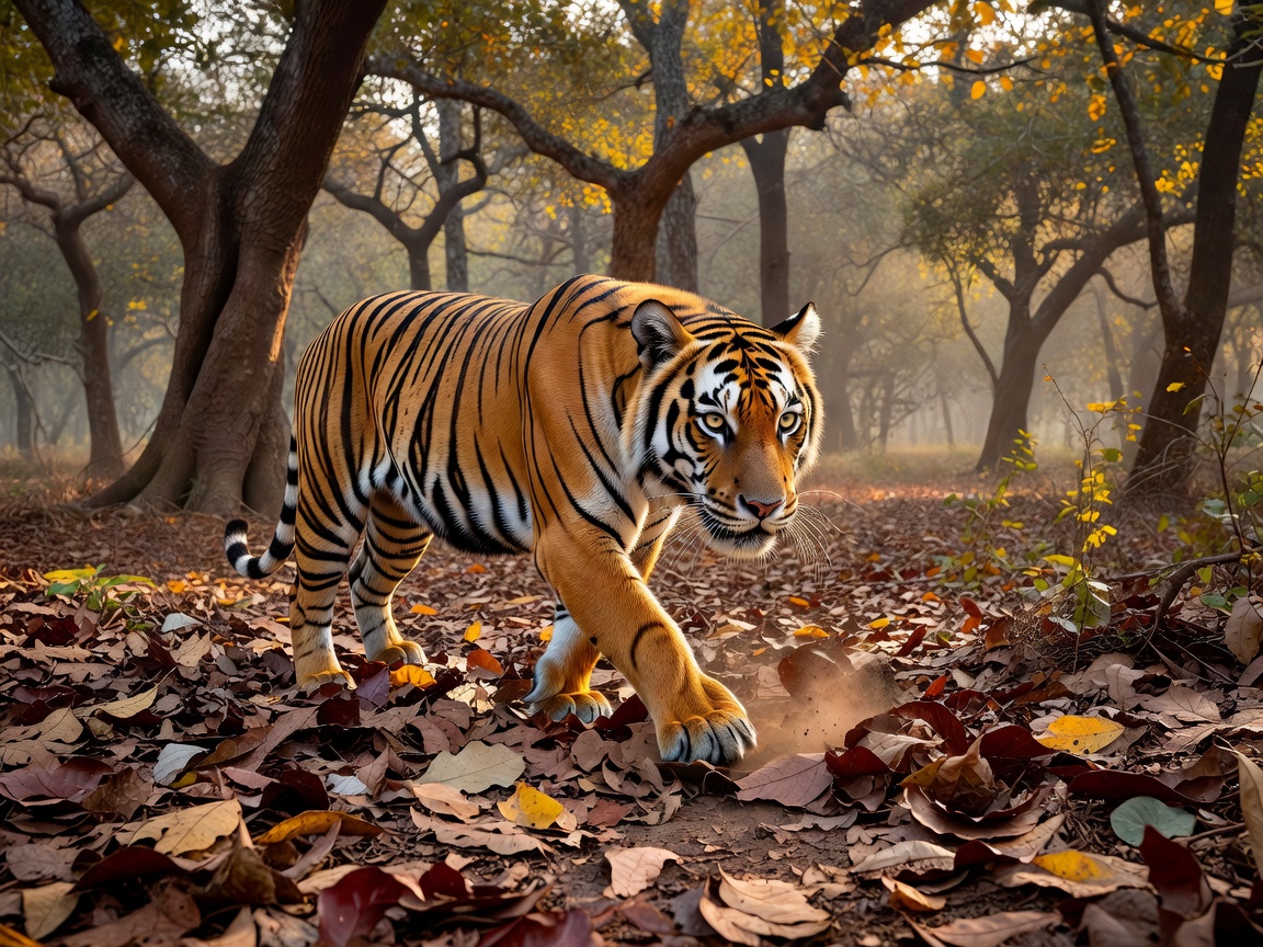 Royal Bengal Tiger walking through teak forest in India