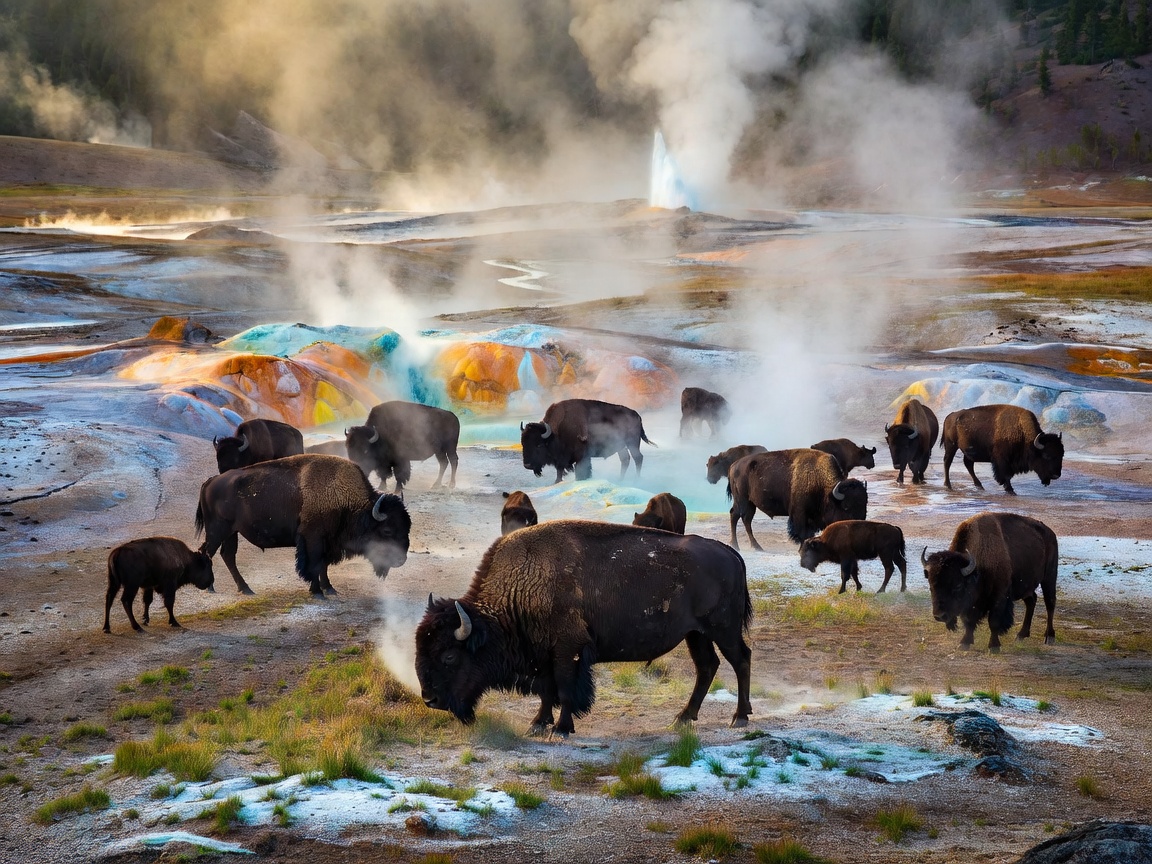 Bison herd in geothermal valley at Yellowstone National Park