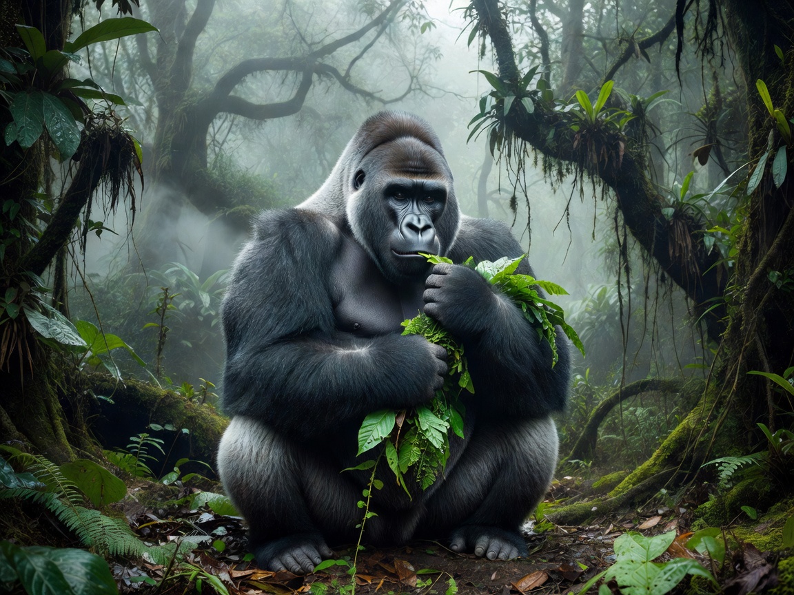 Dominant Silverback gorilla eating foliage in cloud forest