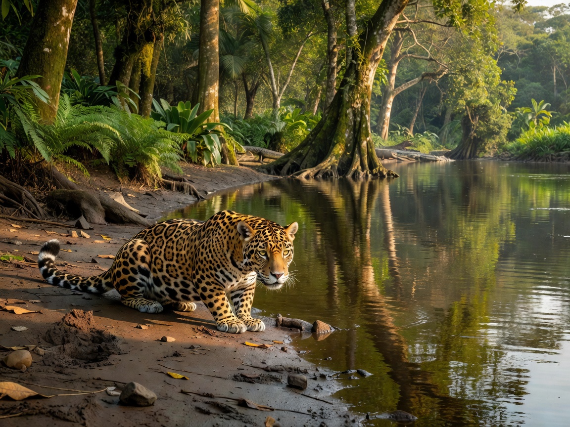 Jaguar crouching on riverbank in Brazilian Pantanal wetlands