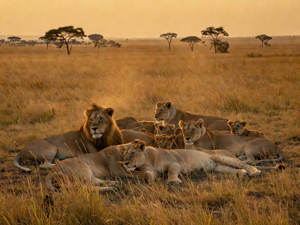 Lions resting in Serengeti National Park savannah grass