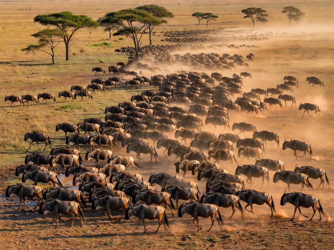 Massive herd of wildebeest migrating across savannah plain