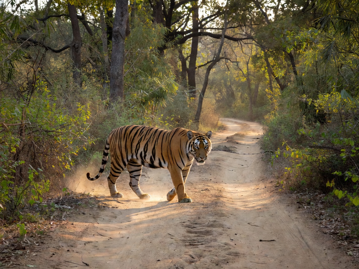 Royal Bengal Tiger pacing along dirt track in Bandhavgarh Reserve