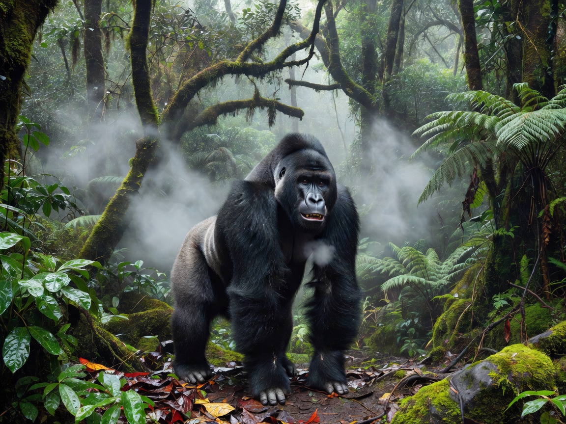 Silverback Mountain Gorilla in dense bamboo jungle forest