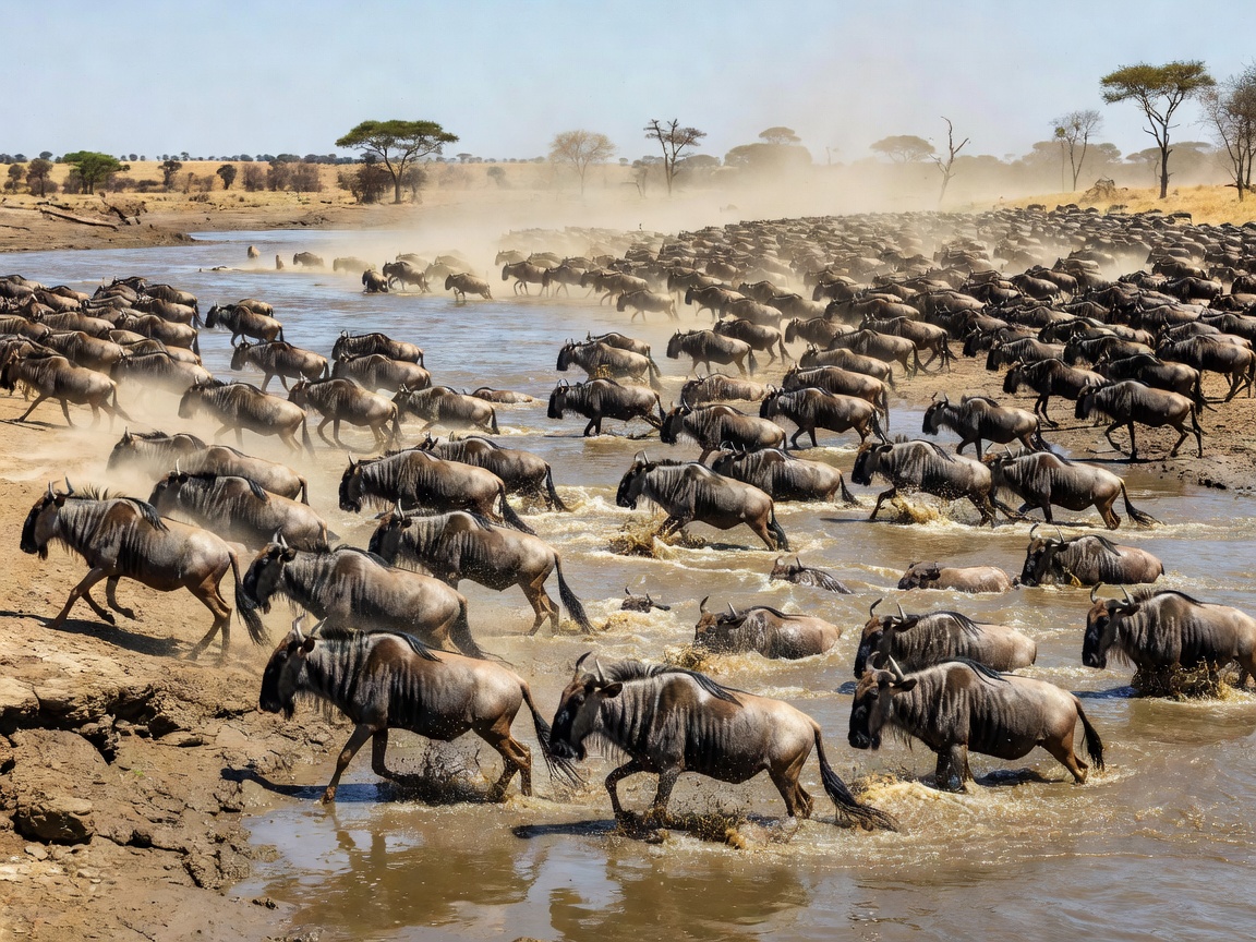 Wildebeest migration crossing river in East Africa